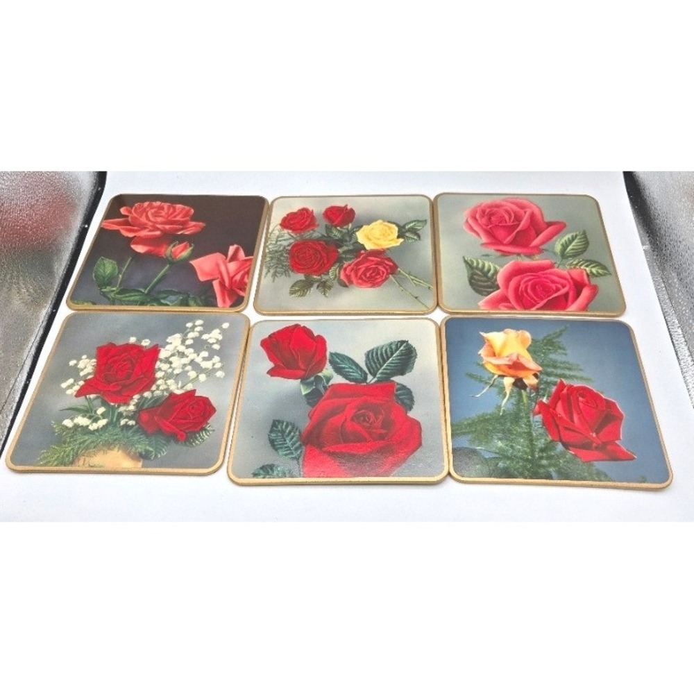 Vintage Win-El-Ware Rose Coasters‎ Set of 6 - Made in Great Britain with Box